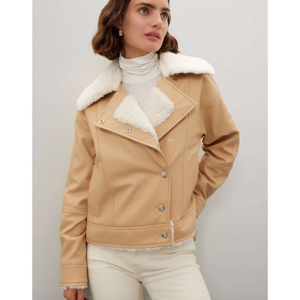 Derek‎ Lam Collective Jacket Womens XS Tan Neutral Faux Leather Shearling Moto